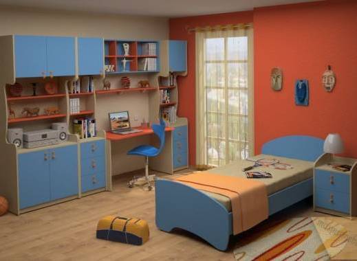 Детская для мальчика синего цвета, с открытым шкафом для книг
