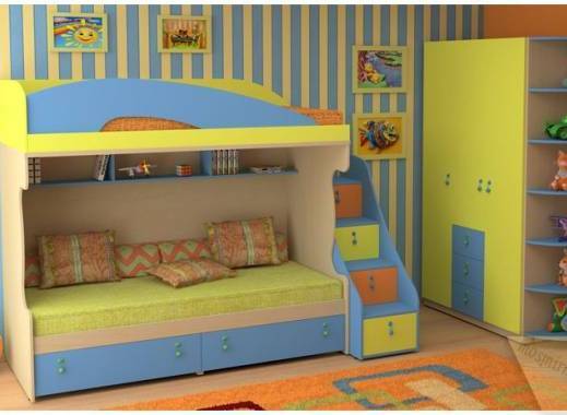 Детская для двоих детей с двухъярусной кроватью, трехцветная