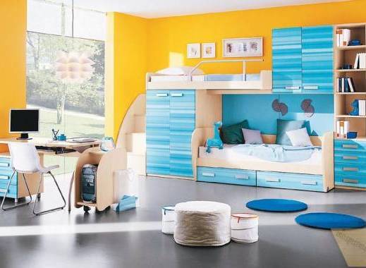 Детская для двоих синяя шкаф интегрирован в кровать