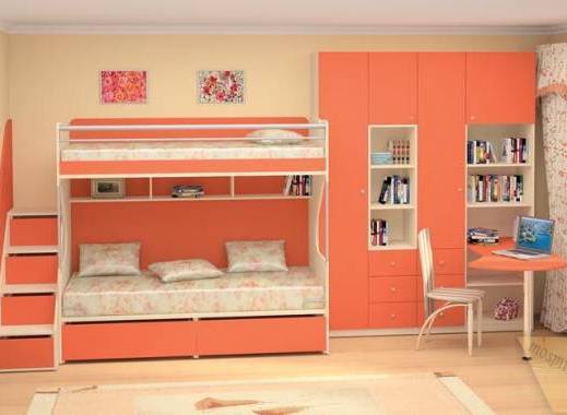 Детская для двоих детей с двухъярусной кроватью, персикового цвета