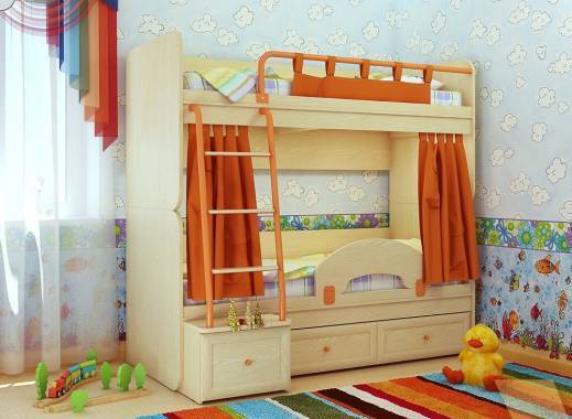 Детская для двоих детей с двухъярусной кроватью, бежевого цвета
