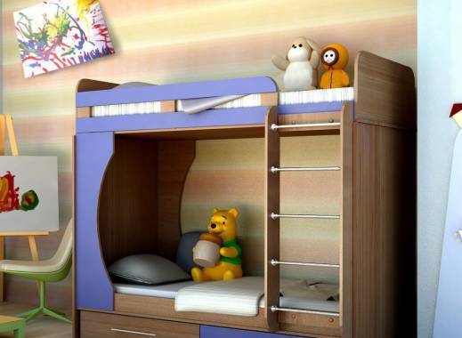 Детская для двоих с двухъярусной кроватью, цвет коричневый с синим