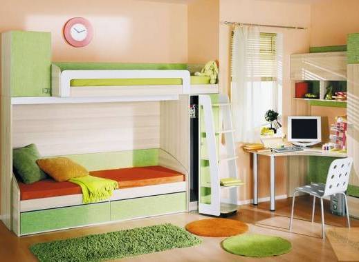 Детская для двоих детей с двухъярусной кроватью, салатового цвета